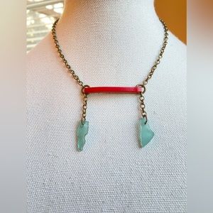 Red Leather and Teal Beachglass Necklace